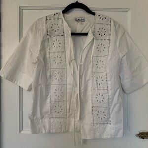 Ganni White Embroidered Blouse with Tie Front